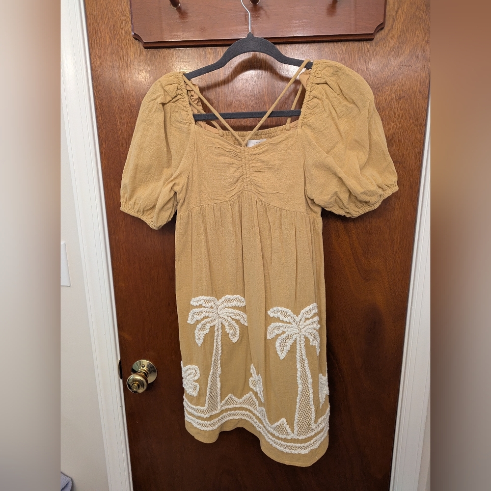 Tan Dress with White Palm Tree Embroidery